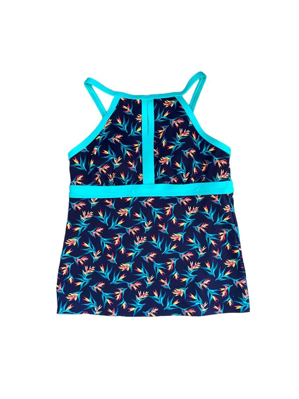Lands’ End Tankini Swim Top SIZE 4 Blue Tropical High Neck